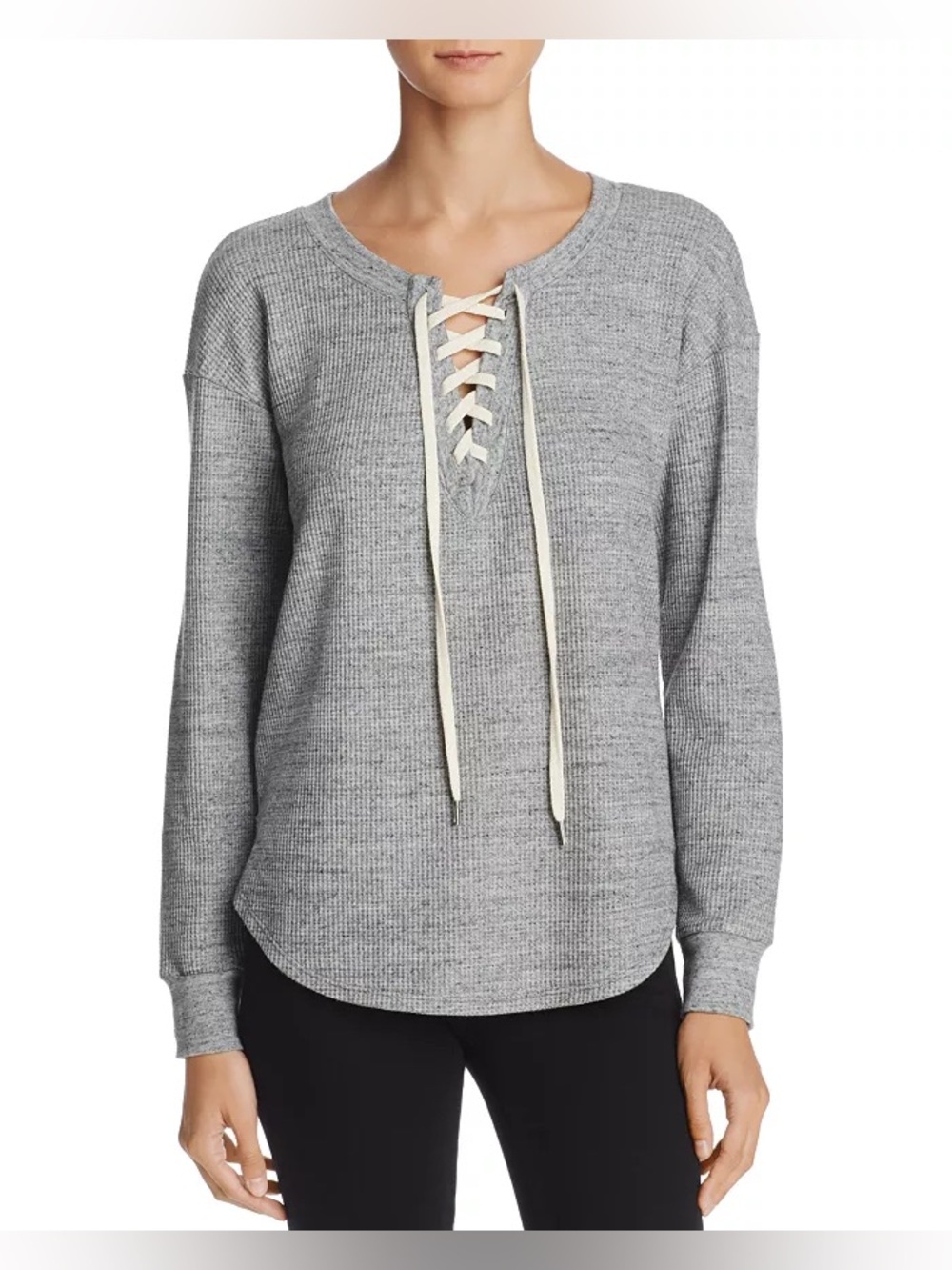 Splendid Grey Thermal Lace-Up Pullover Top Waffle Knit Shirt Size M EUC